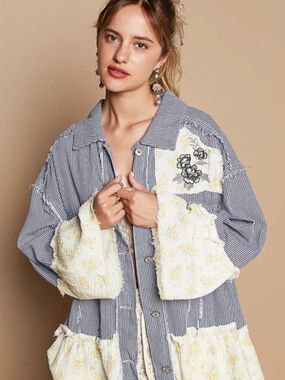 POL Blue Striped Jacket with Cream Floral Patchwork
